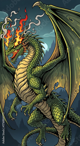 Illustration of Green Dragon Flying with Fire Eyes Over Mountains