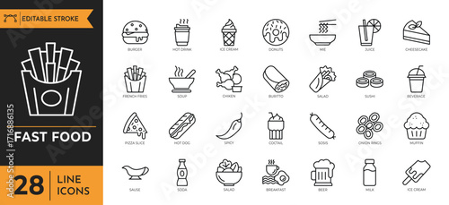 Fast food icon set. Containing burger, pizza, french fries, snack, fried chicken, and more. Editable stroke. Vector illustration
