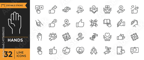 Hands icon set. Containing hand, gesture, handshake, clapping hands, horns, thumb up, finger, and more. Editable stroke. Vector illustration