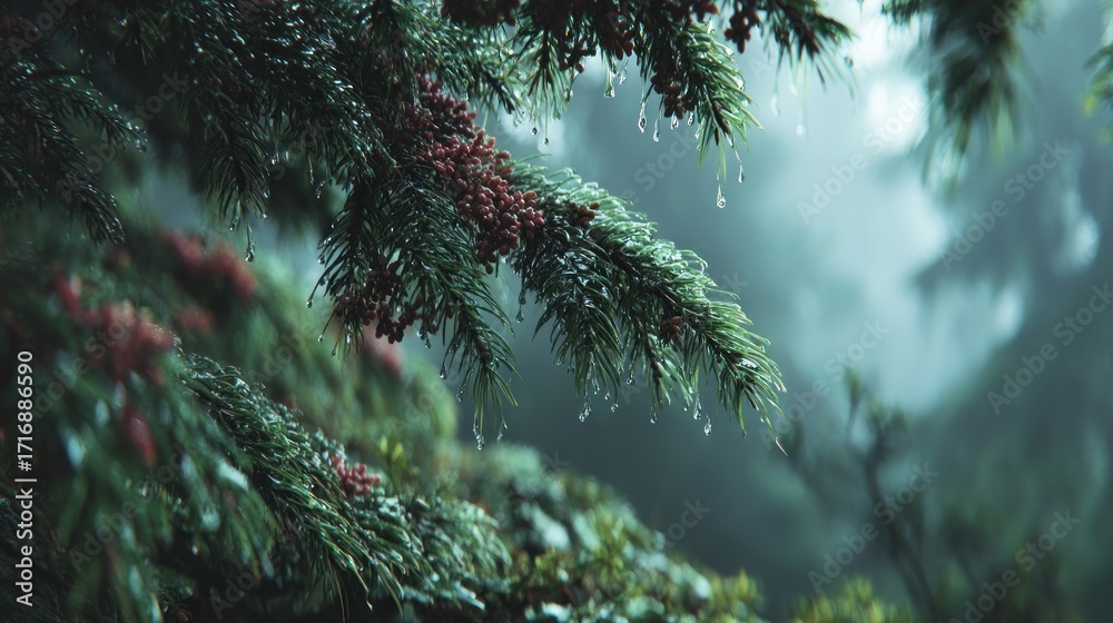 Obraz premium Mystical forest landscape with rain drops on evergreen needles in detail