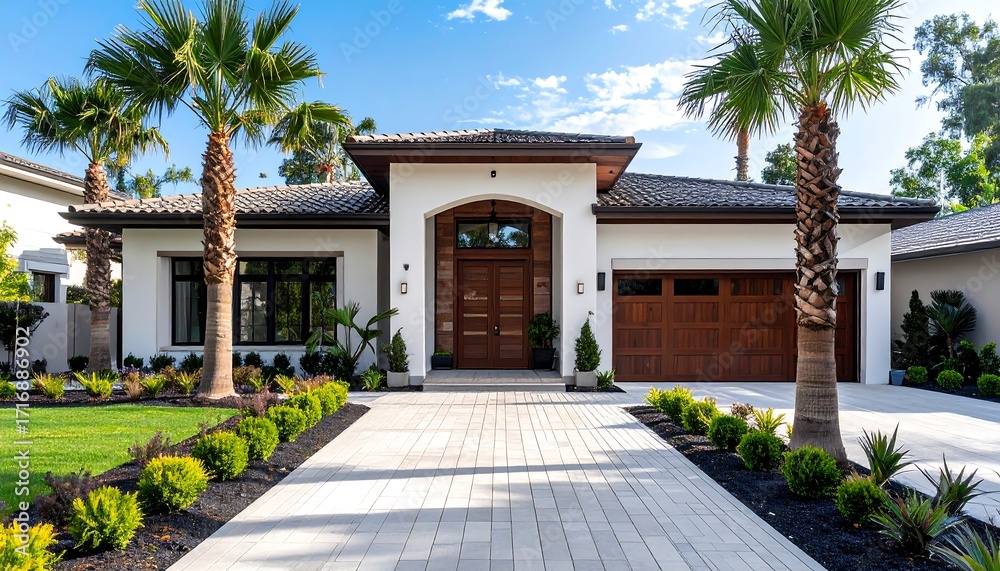 Fototapeta premium Modern home with tropical landscaping