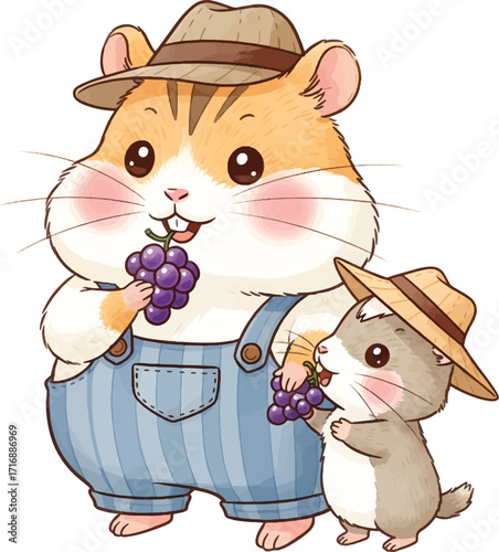Two cute hamsters, one wearing overalls and a hat, eating grapes.