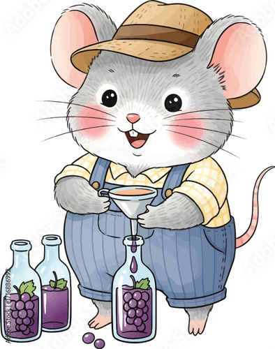 Cartoon mouse wearing overalls and a hat, making grape juice.