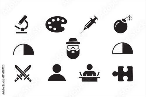 Academic and research outline icons set featuring study, science, and art designs