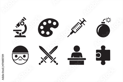 Creative learning vector icons collection including microscope, palette, and puzzle
