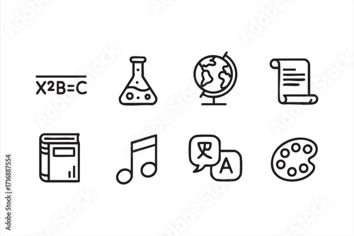 School and study themed vector icons with science, math, art, and language illustrations