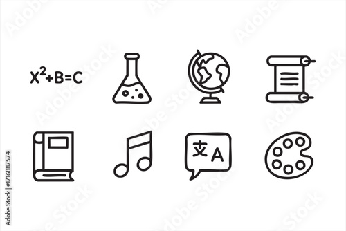 Learning and academic icons collection featuring book, globe, and formula vector graphics