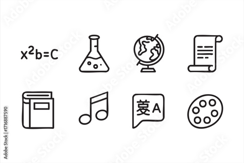 Vector outline education icons set with science, language, art, and music subjects