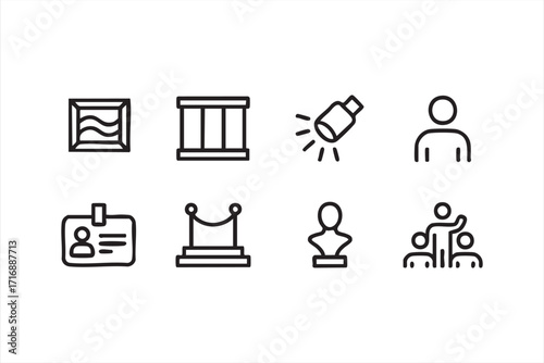 Museum icons set with art, exhibition, culture, history, and visitor elements including painting, sculpture, ticket, and guide vector illustration design