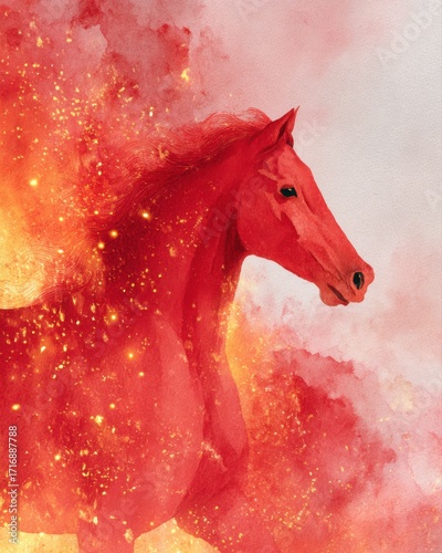 A majestic horse galloping through a fiery sky, symbolizing power and strength in the Year of the Red Fire Horse. The watercolor painting captures the dynamic movement and vibrant colors of the scene.