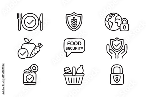 Food aid and hunger prevention icons set with storage, canned goods, and safety elements