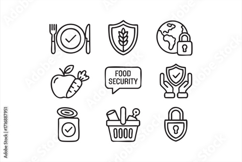 Emergency food supply and nutrition safety concept vector icons for awareness campaigns