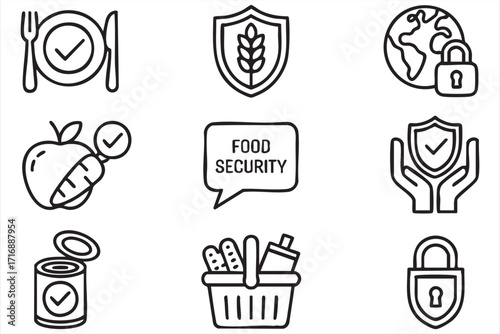 Food protection and safety vector icons set with shield, lock, and healthy nutrition design