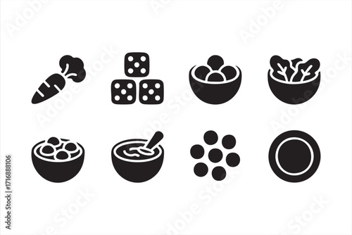 Black silhouette nutrition symbols of carrots, greens, and bowls for wellness design