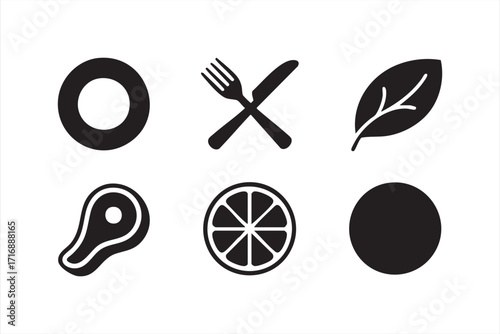 Vector food and diet icons including fork, knife, leaf, meat, and fruit illustrations