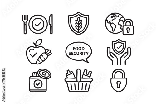 Vector icon set of food security and nutrition safety including plate, shield, earth with lock, vegetables, basket, canned food, and protection hands for global health and wellness design projects