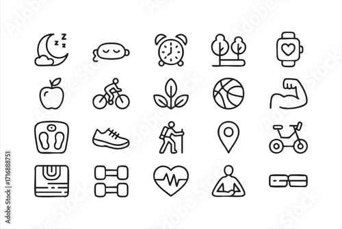 Black outline wellness illustrations of sleep, running, and smartwatch monitoring icons