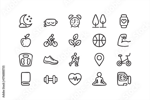 Vector icons of health and fitness lifestyle including yoga, cycling, and nutrition symbols