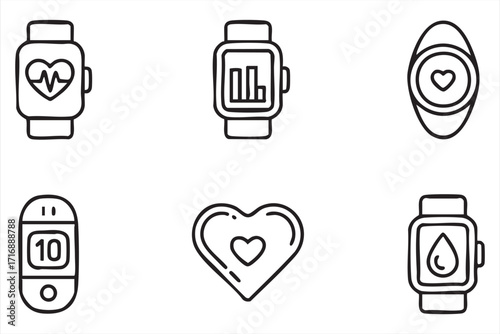 Modern smartwatch and fitness tracker icons for connected lifestyle and healthcare use