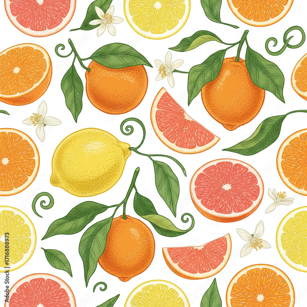 Obraz premium A fresh and vibrant seamless pattern of hand-drawn citrus fruits. A vintage botanical illustration of oranges, lemons, and grapefruits for a healthy summer lifestyle.