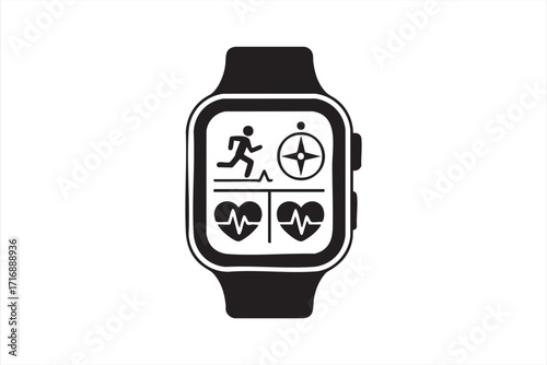 Vector smartwatch icon with heart rate, running, and GPS tracking for fitness projects