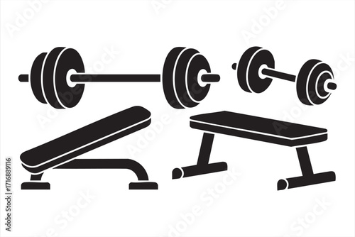 Vector gym icons set including barbells, dumbbells, and benches for fitness design