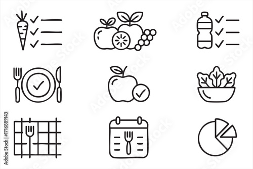 Modern nutrition symbol set including hydration, calendar, and fresh food elements
