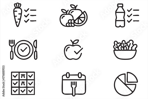 Nutrition and wellness vector pack with salad bowl, apple, and water bottle graphics