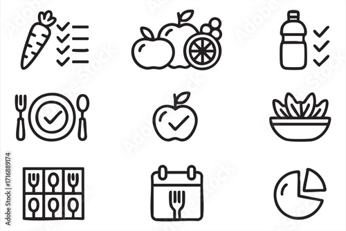 Vector icon collection of clean eating, meal preparation, and balanced lifestyle symbols