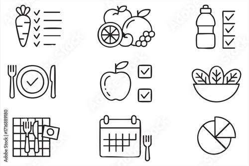 Black outline illustrations of nutrition and diet planning for healthcare and wellness use