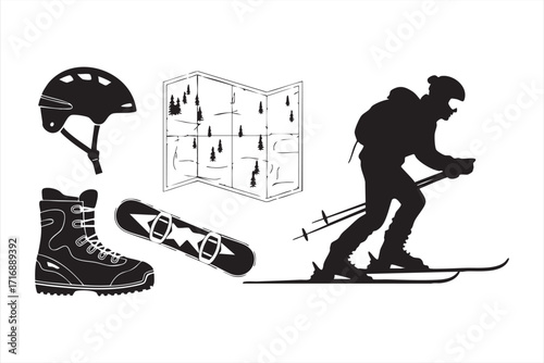 Vector skiing and snowboarding icons including skier, helmet, boots, and mountain map