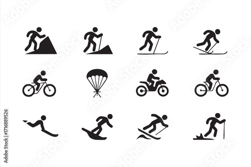 Black and white vector icons representing extreme sports for athletic and lifestyle design