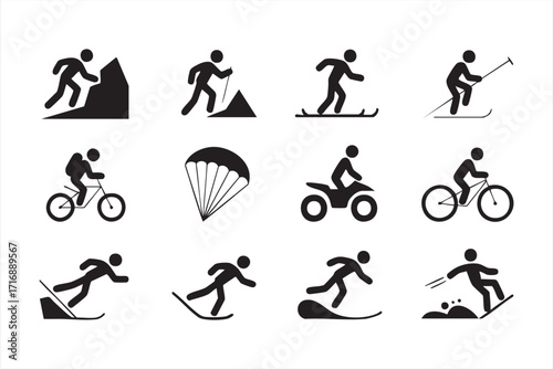 Vector graphic icon set of action sports activities for recreation and competition design
