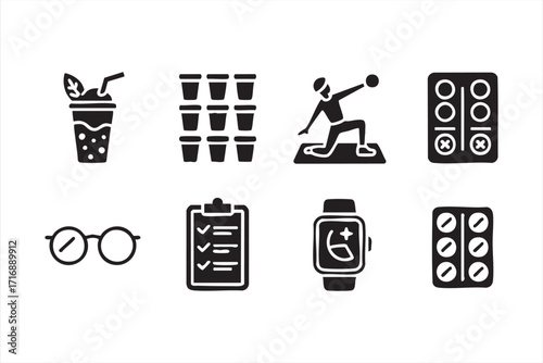 Health and exercise symbol set with pills, checklist, hydration, and lifestyle graphics