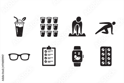 Vector fitness and wellness icons including smoothie, stretching, running, and smartwatch