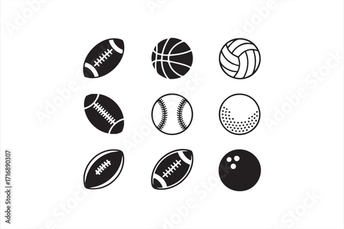 Vector pack of sports icons with multiple balls including soccer, basketball, and baseball