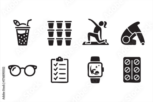Vector icon set of fitness, health, and lifestyle elements including smoothie, hydration cups, stretching, yoga, glasses, checklist, smartwatch, and supplements for exercise and wellness design projec