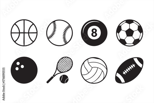 Comprehensive sports vector icon collection of multiple balls and competition tools