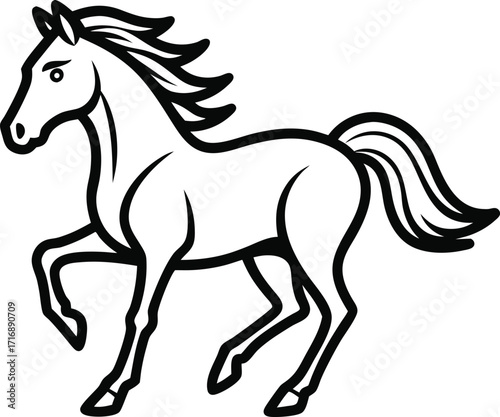 Black and white outline of a horse running, side view, simple vector icon.