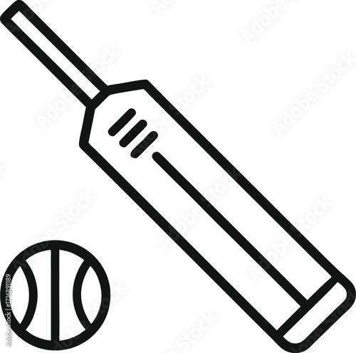Black line art outline of a cricket bat and ball, simplified icon.