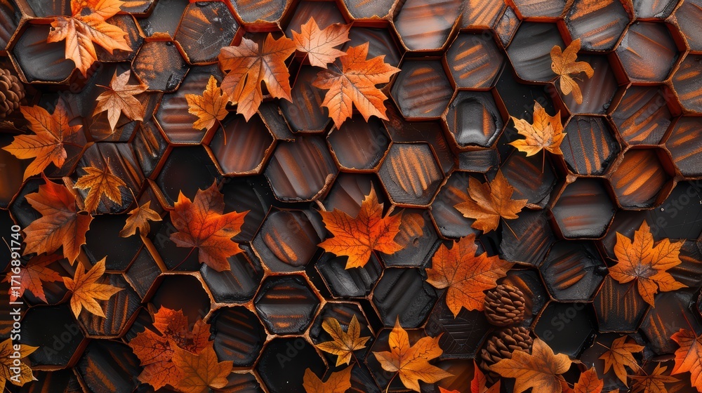 Fototapeta premium Autumn Leaves on Honeycomb Pattern Background with Warm Tones