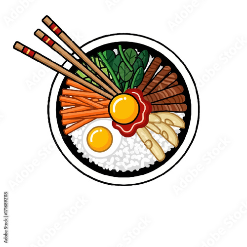 Stylized korean dish, possibly bibimbap, served in bowl with rice, vegetables, meat, and fried egg, with chopsticks on transparent