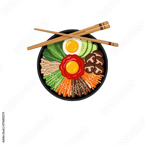 Topdown view colorful bibimbap in black bowl with chopsticks