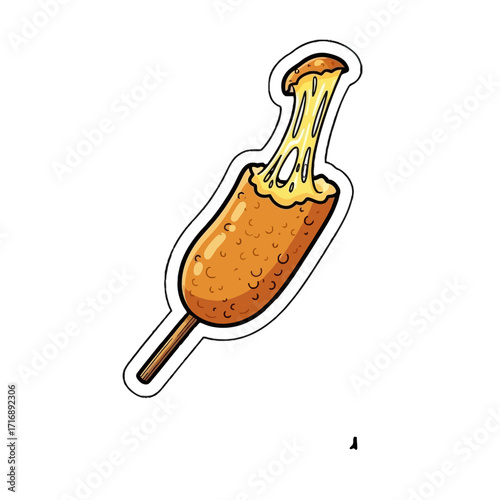 Delicious korean corn dog with long skewer, coated in crispy batter and filled with gooey, melted cheese stretching out, popular street food snack