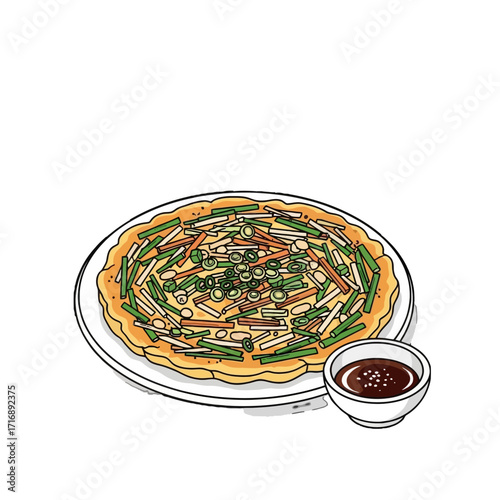 Savory korean pancake, known as pajeon, filled with green onions and other vegetables, served with dipping sauce, isolated on transparent