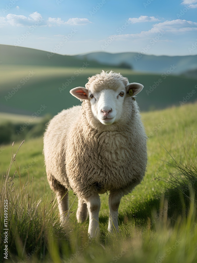 Obraz premium Fluffy white sheep standing gracefully in a vibrant green grassy field under a bright sky.
