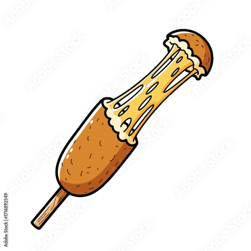 Delicious cartoon corn dog with melted cheese stretching out from the top, isolated on transparent