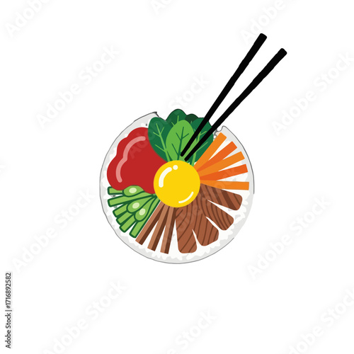 Top view delicious korean bibimbap in bowl with chopsticks
