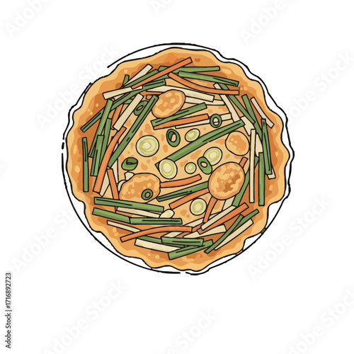 Top view korean pancake jeon with various vegetables and ingredients