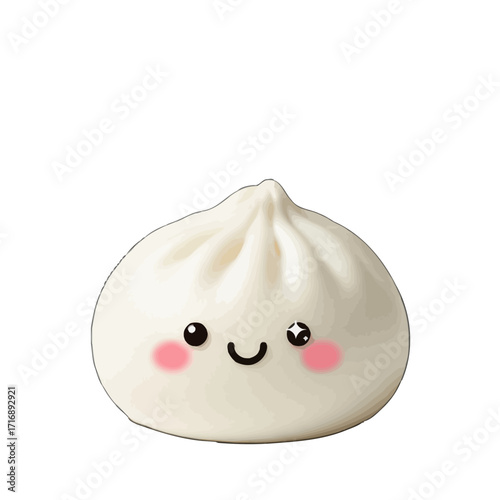 Cute and kawaii cartoon smiling steamed bun, resembling baozi, with rosy cheeks and sparkling eyes, isolated on transparent